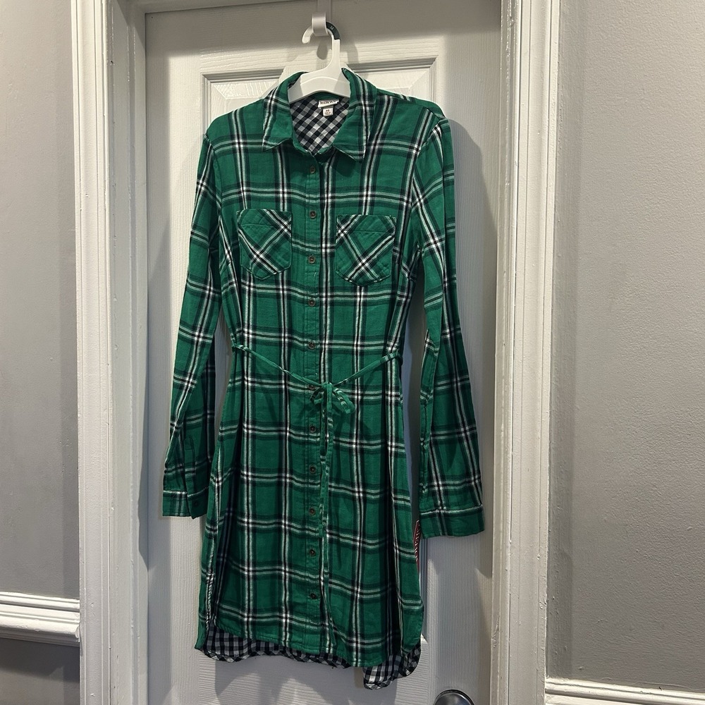 Merona Womens Green Plaid Long Sleeve Button Front Shirt Dress NWT  XS Belted